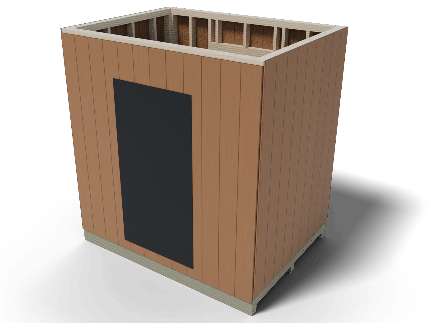 Build step: the 6x8 shed walls framed, sided with T1-11 and raised on the deck
