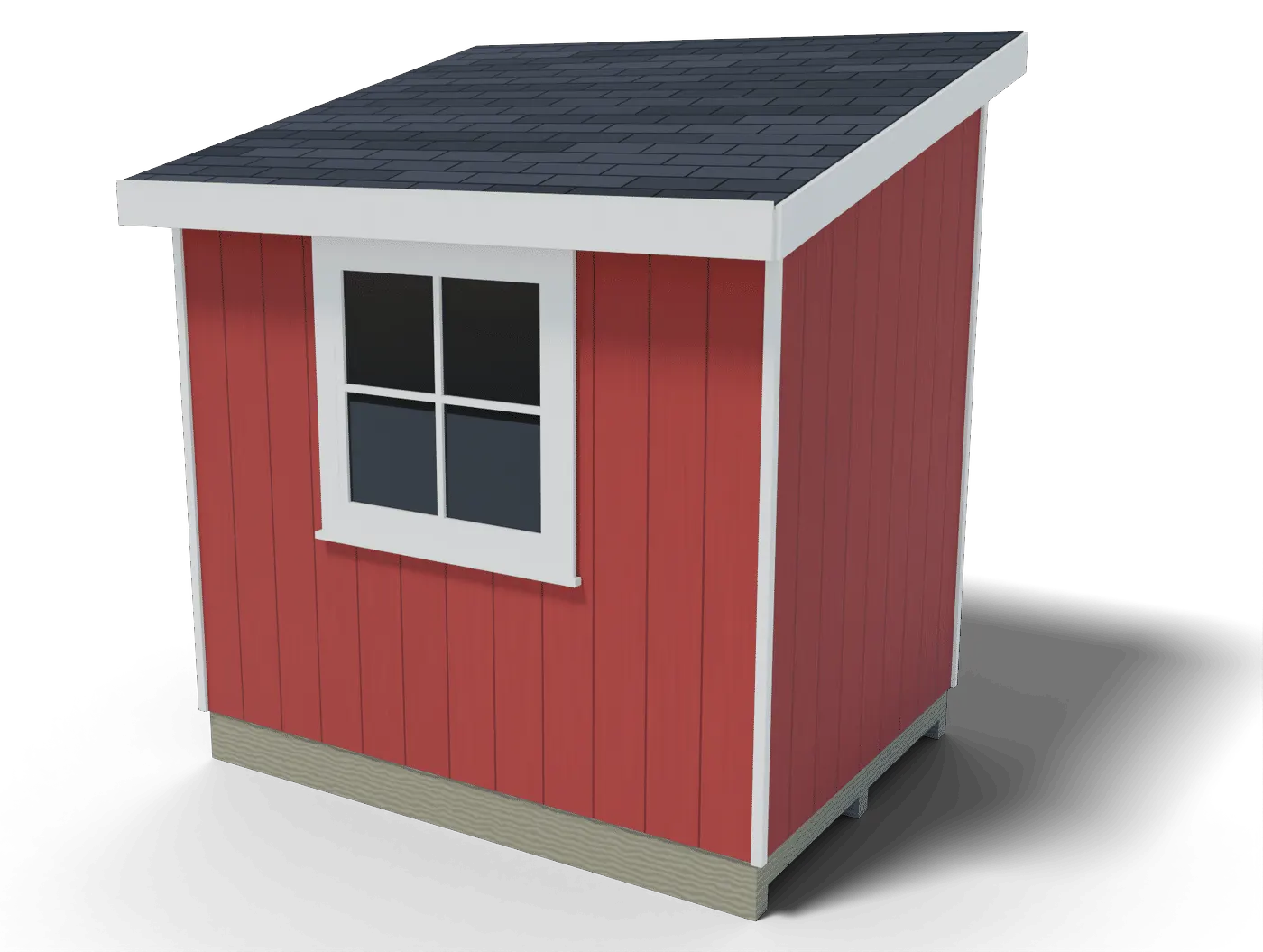 Back and side of the finished 6x8 lean-to shed, 3D render of the plan
