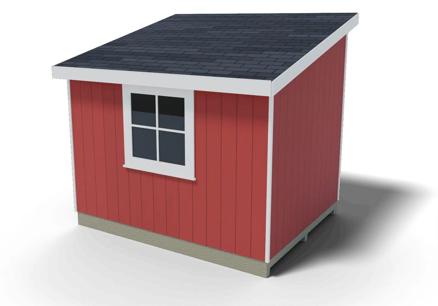 Back and side of the finished 8x10 lean-to shed, 3D render of the plan