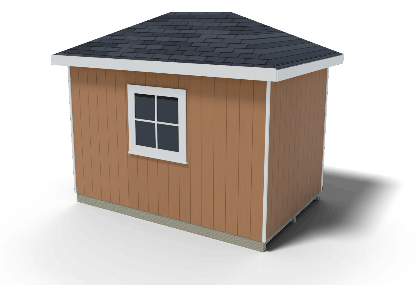 Back and side of the finished 8x12 hip roof shed, 3D render of the plan