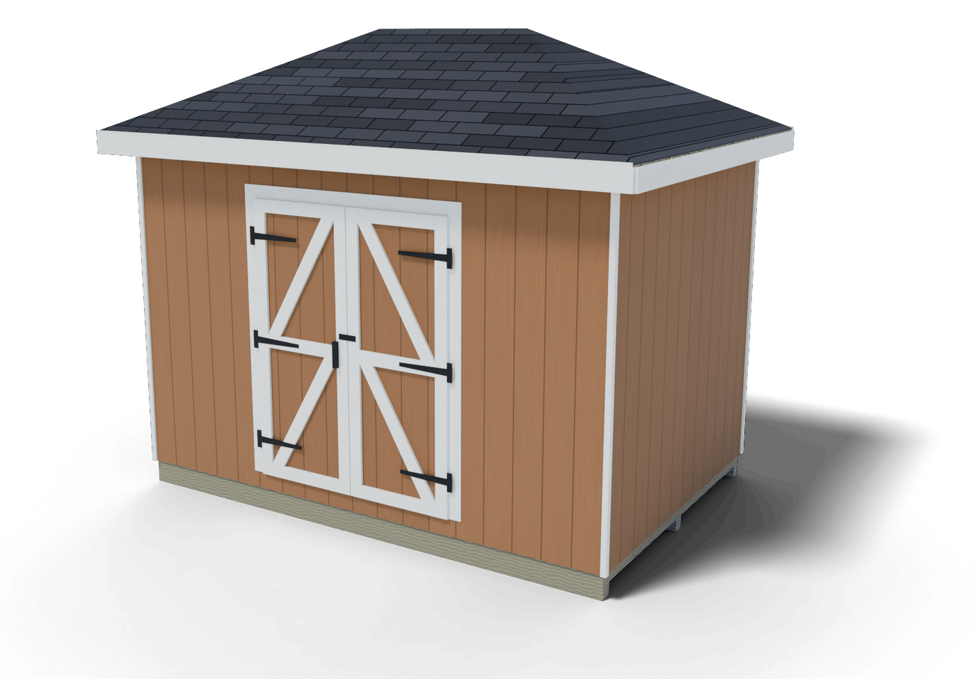 Finished 8x12 hip roof shed with a hip roof, double doors and a side window, 3D render of the plan