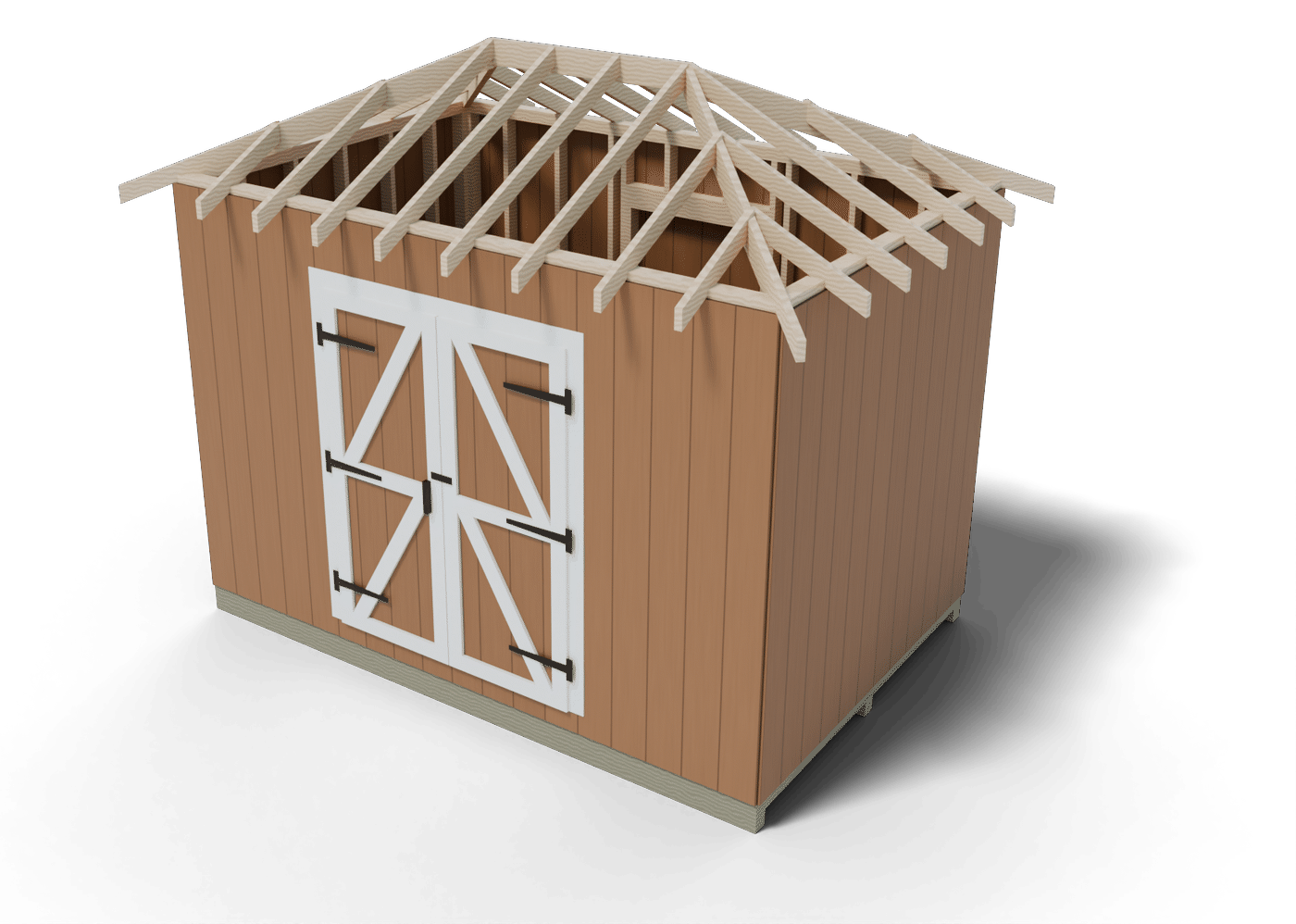Build step: the 8x12 hip roof shed roof framing in place, rafters on the wall plates