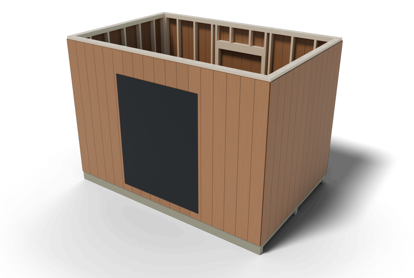 Build step: the 8x12 shed walls framed, sided with T1-11 and raised on the deck