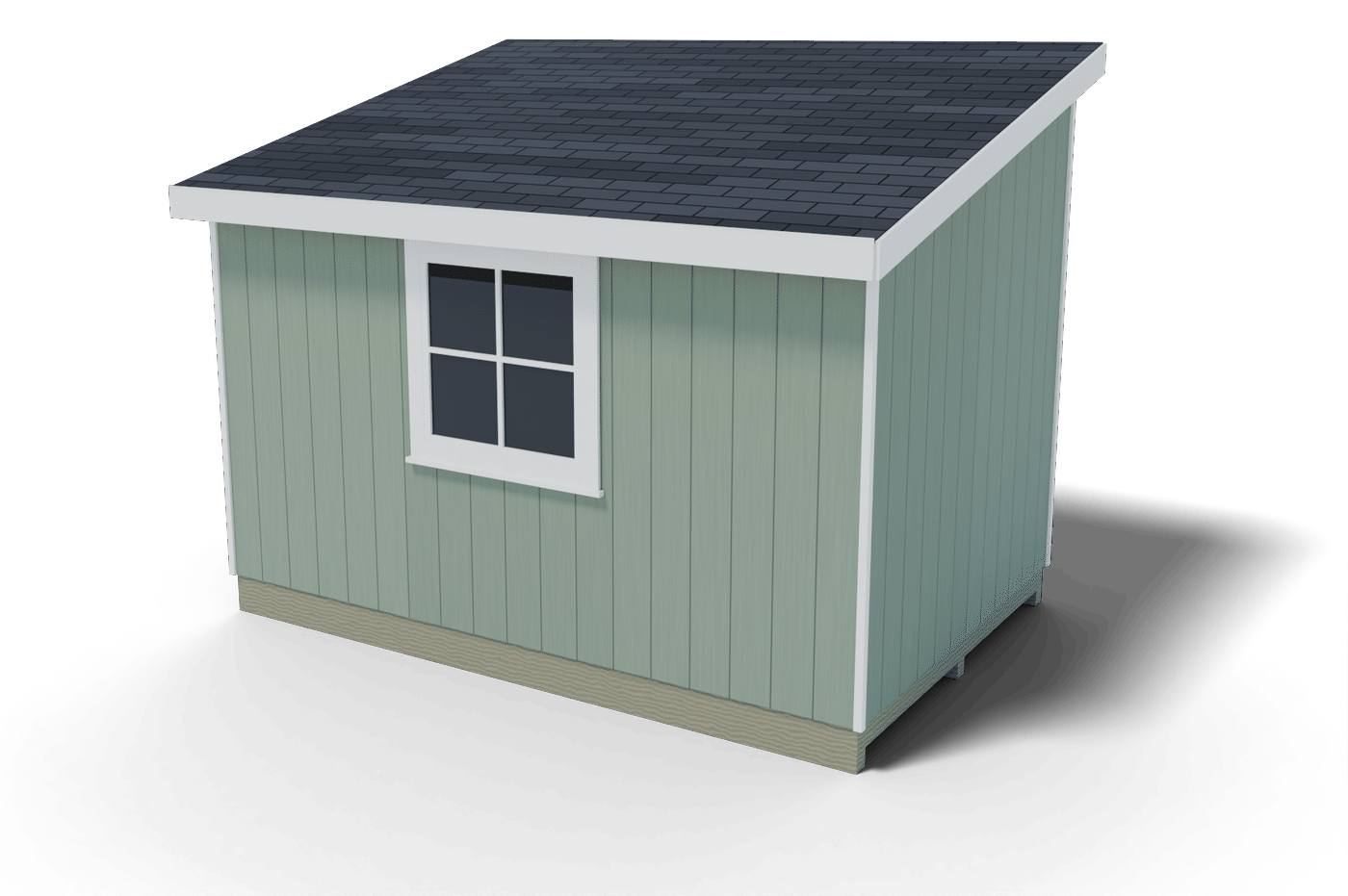 Back and side of the finished 8x12 lean-to shed, 3D render of the plan