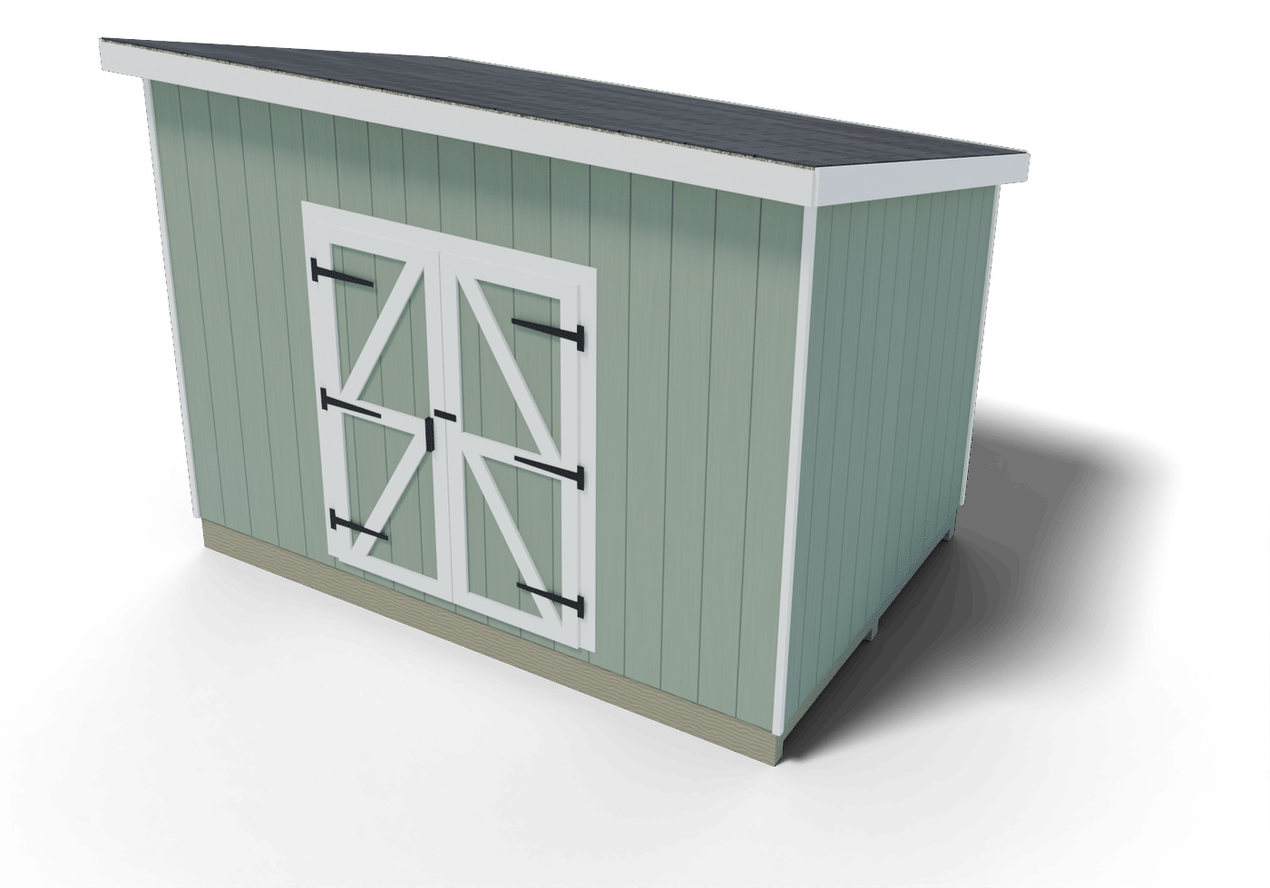 Finished 8x12 lean-to shed with a single-slope roof, double doors in the tall front wall and a window in the back wall, 3D render of the plan