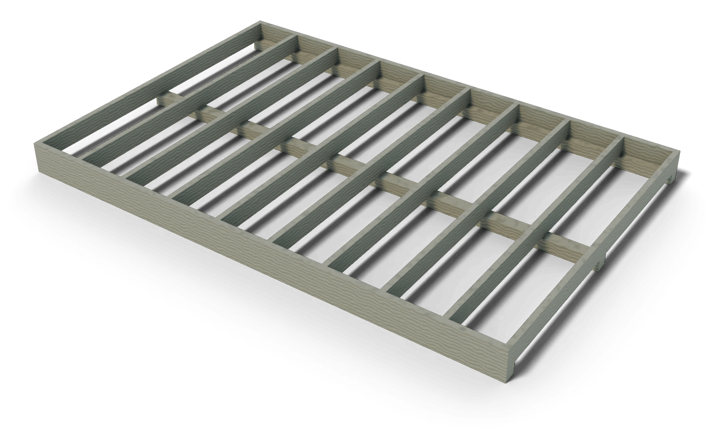 Build step: the 8x12 shed floor frame: pressure-treated joists and rim boards on skids