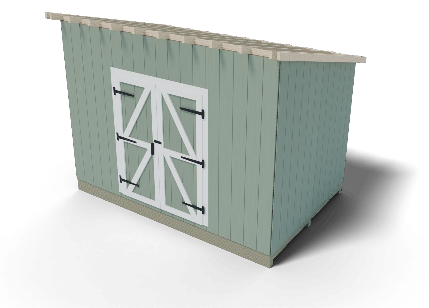 Build step: the 8x12 lean-to shed roof framing in place, rafters on the wall plates