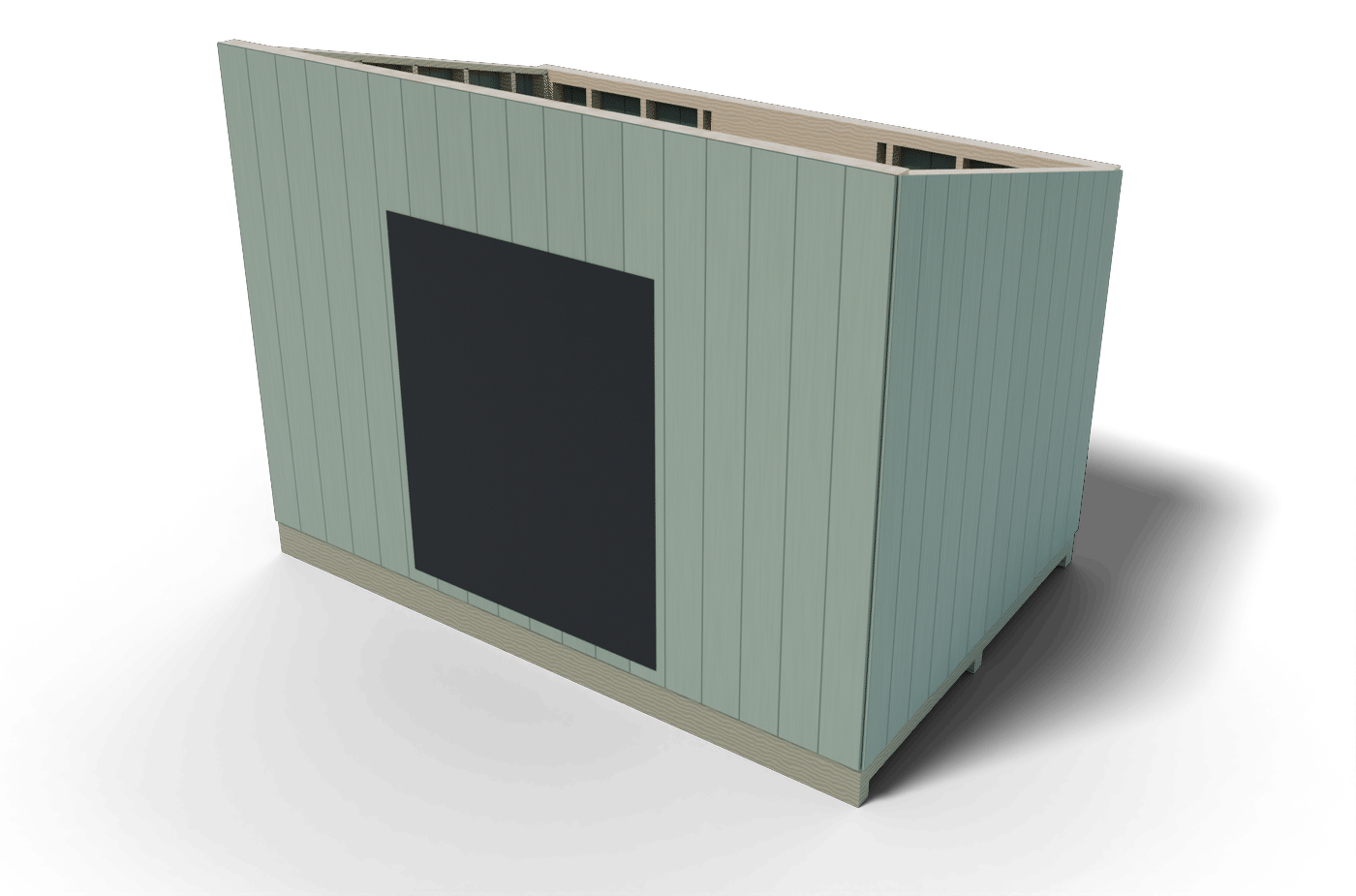 Build step: the 8x12 shed walls framed, sided with T1-11 and raised on the deck