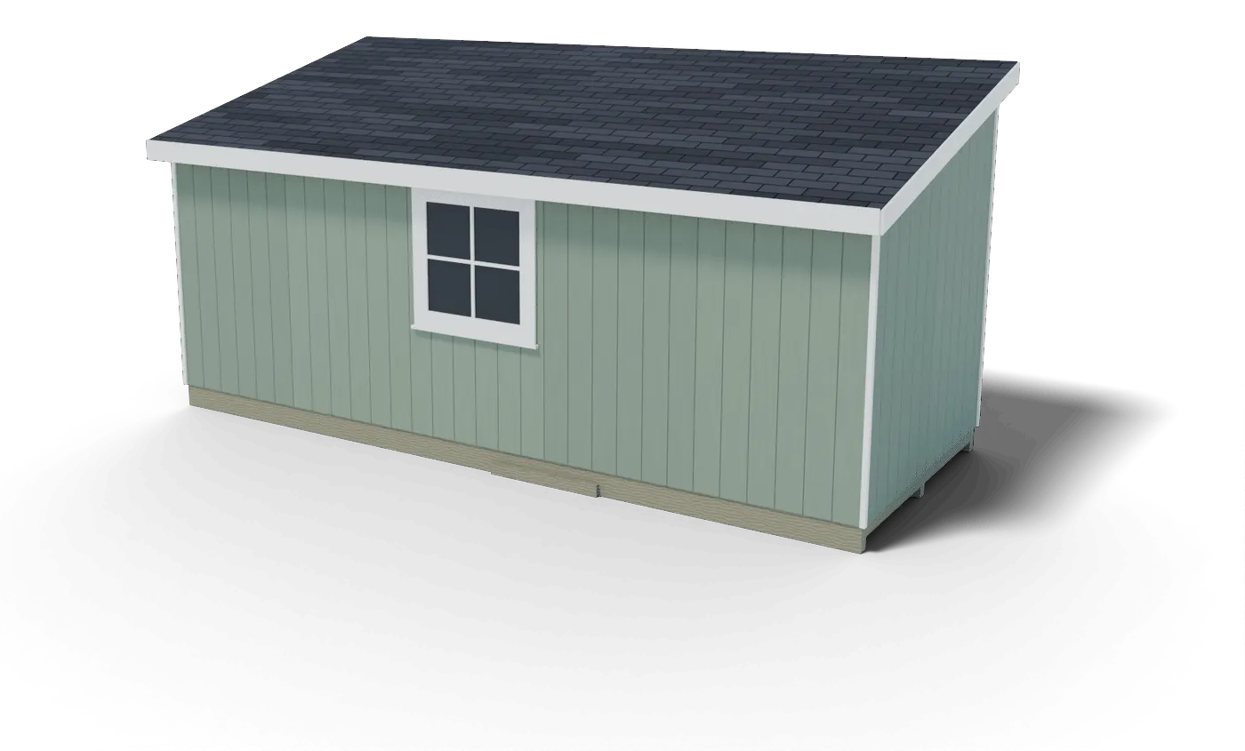 Back and side of the finished 8x20 lean-to shed, 3D render of the plan
