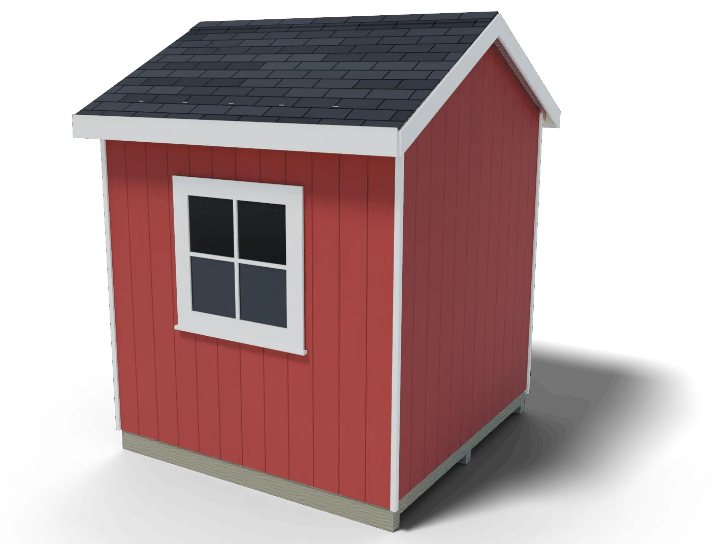Back and side of the finished 8x8 gable shed, 3D render of the plan