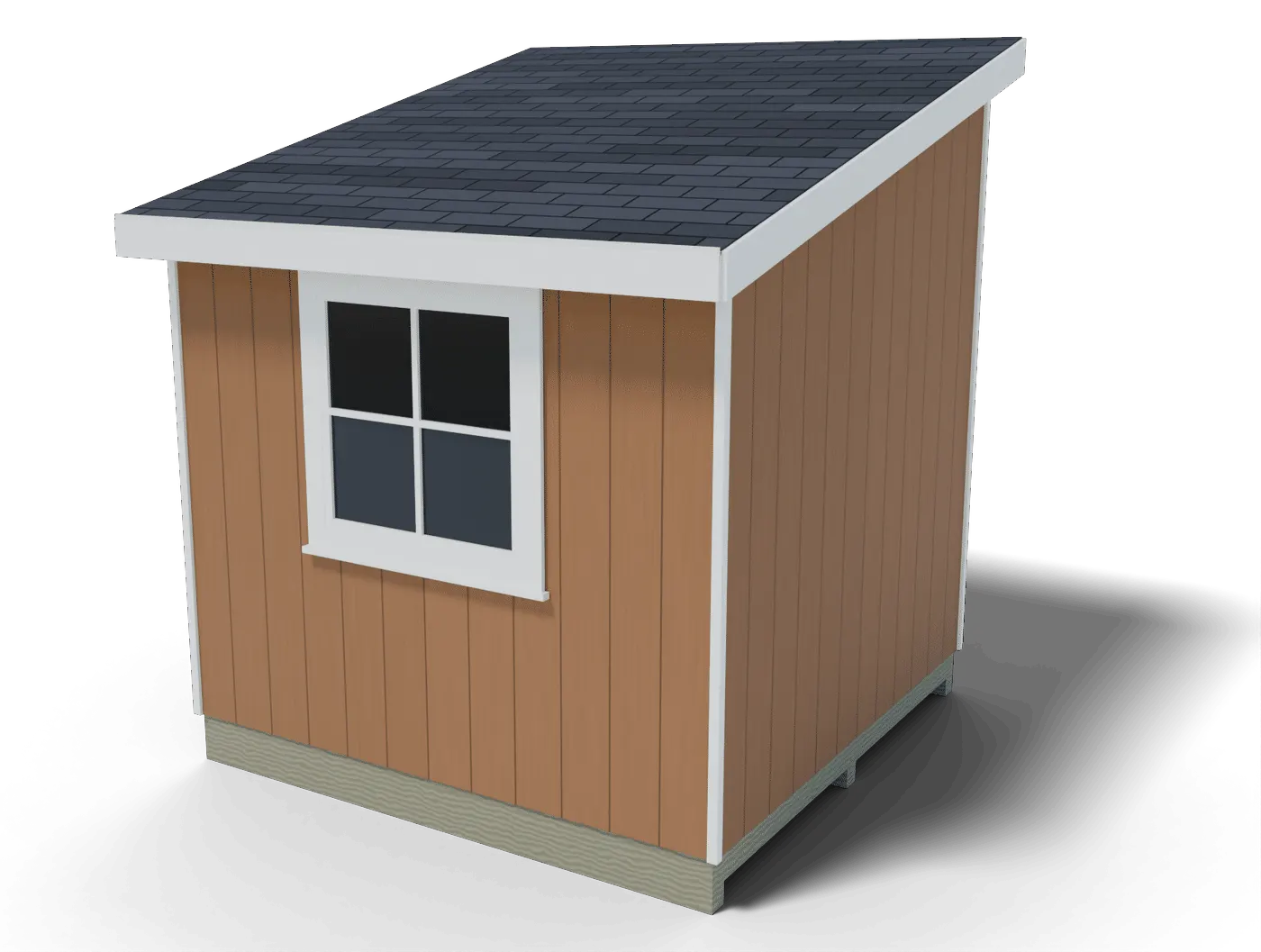 Back and side of the finished 8x8 lean-to shed, 3D render of the plan