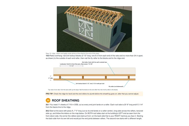 10×20 Gable shed plan: roof rafters drawing