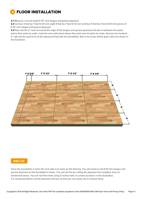 Floor installation page of the 16x24 Gable Storage Shed Plan