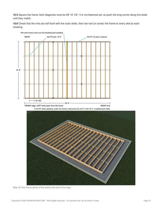 Floor installation page of the DIY 16x24 Gable Storage Shed Plan