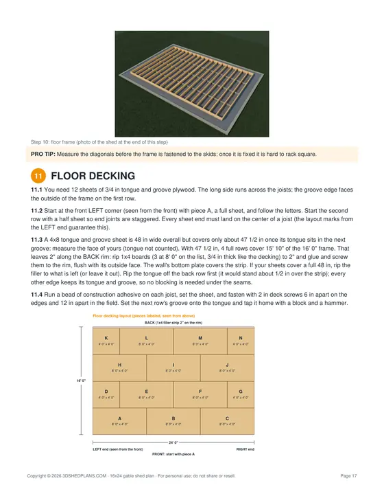Floor installation page of the DIY 16x24 Gable Storage Shed Plan