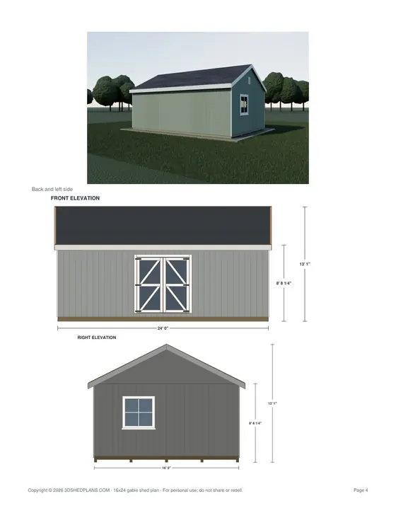 Material list page of the 16x24 Gable Storage Shed Plan
